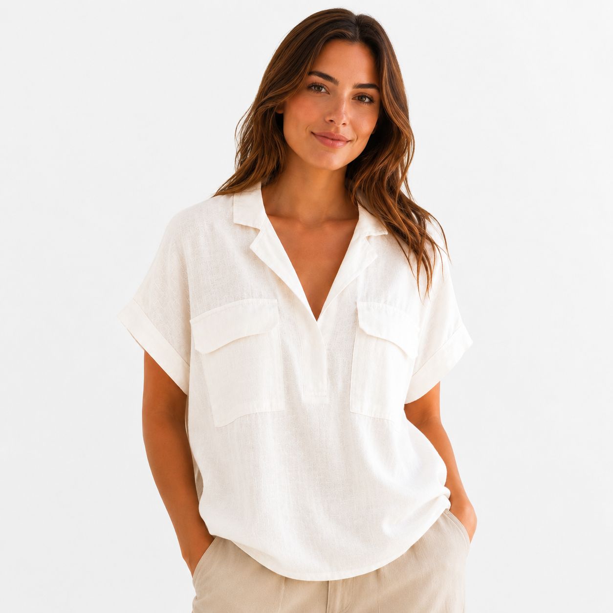 Cable & agache Studio White pullover design blouse with laper collar Women’s