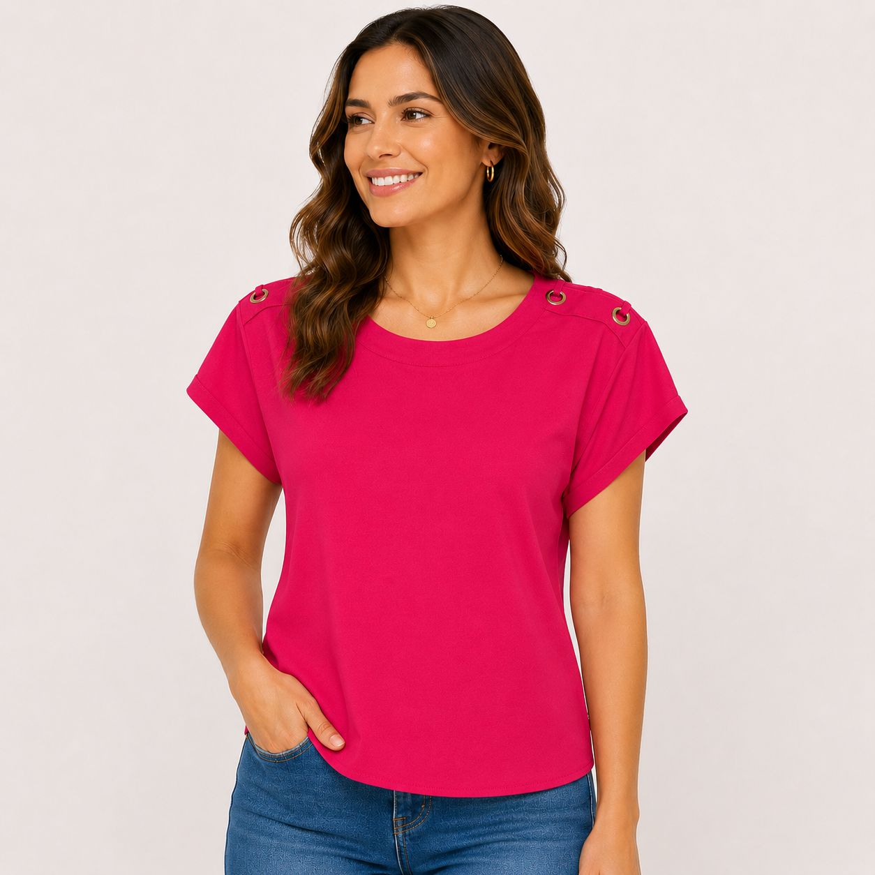Spense Fuchsia round neck blouse has a design with metallic button details