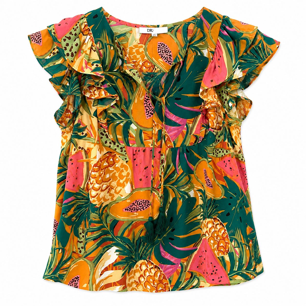 DR2 blouse printed with a colorful tropical design and ruffled sleeves