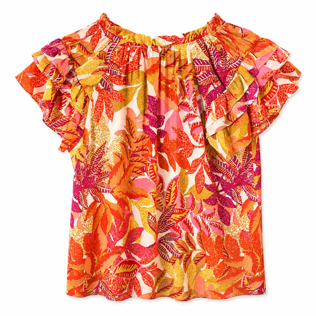 A Rose & Olive blouse with tropical leaf print in orange, fuchsia and yellow tones