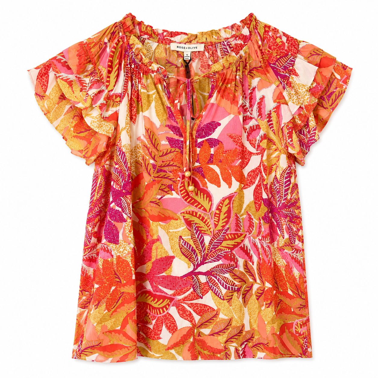 A Rose & Olive blouse with tropical leaf print in orange, fuchsia and yellow tones