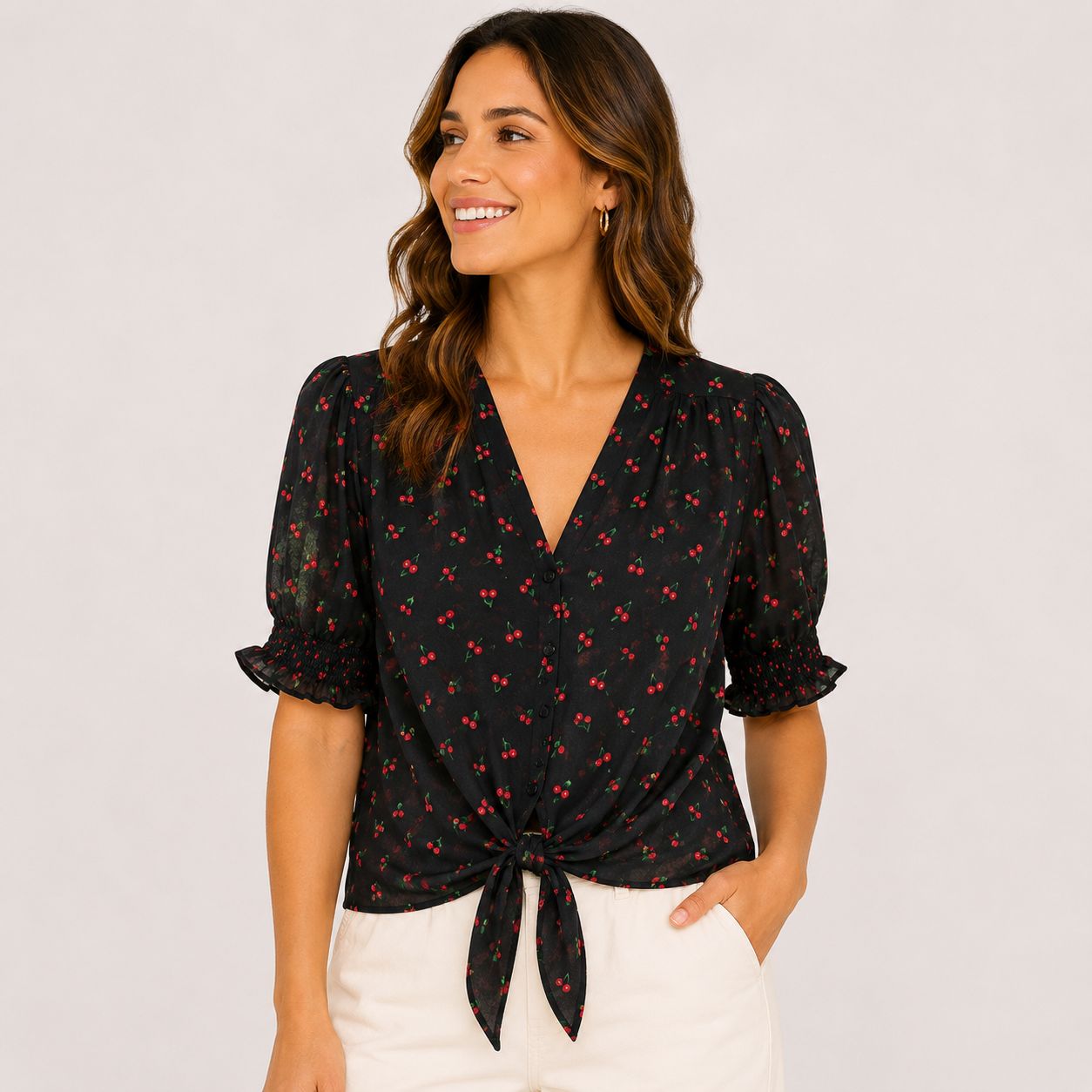 Haver London blouse Black Cherry Print Tie Front Blouse Women’s