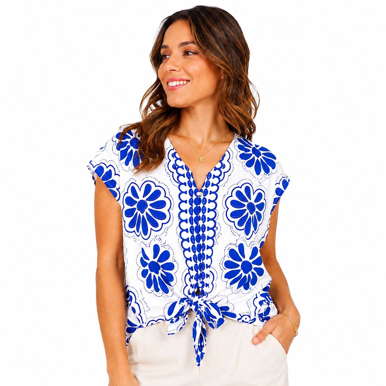 Fred David blouse Bohemian style design with a flower pattern in blue