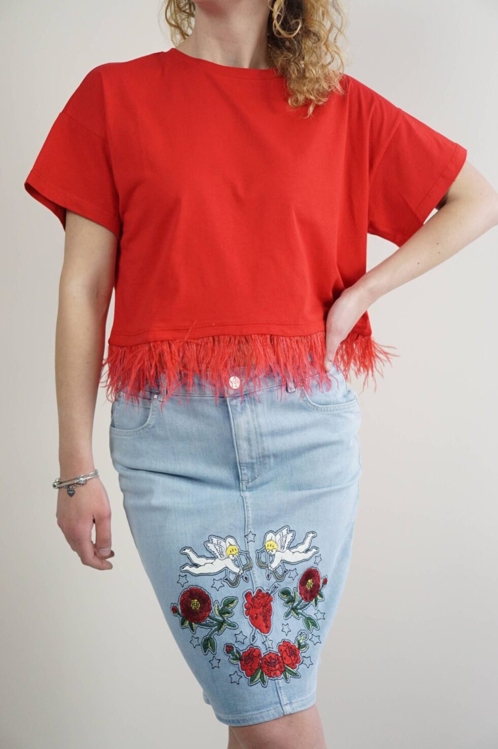 Forcynthia Feather-Trimmed Cotton-Jersey T-Shirt