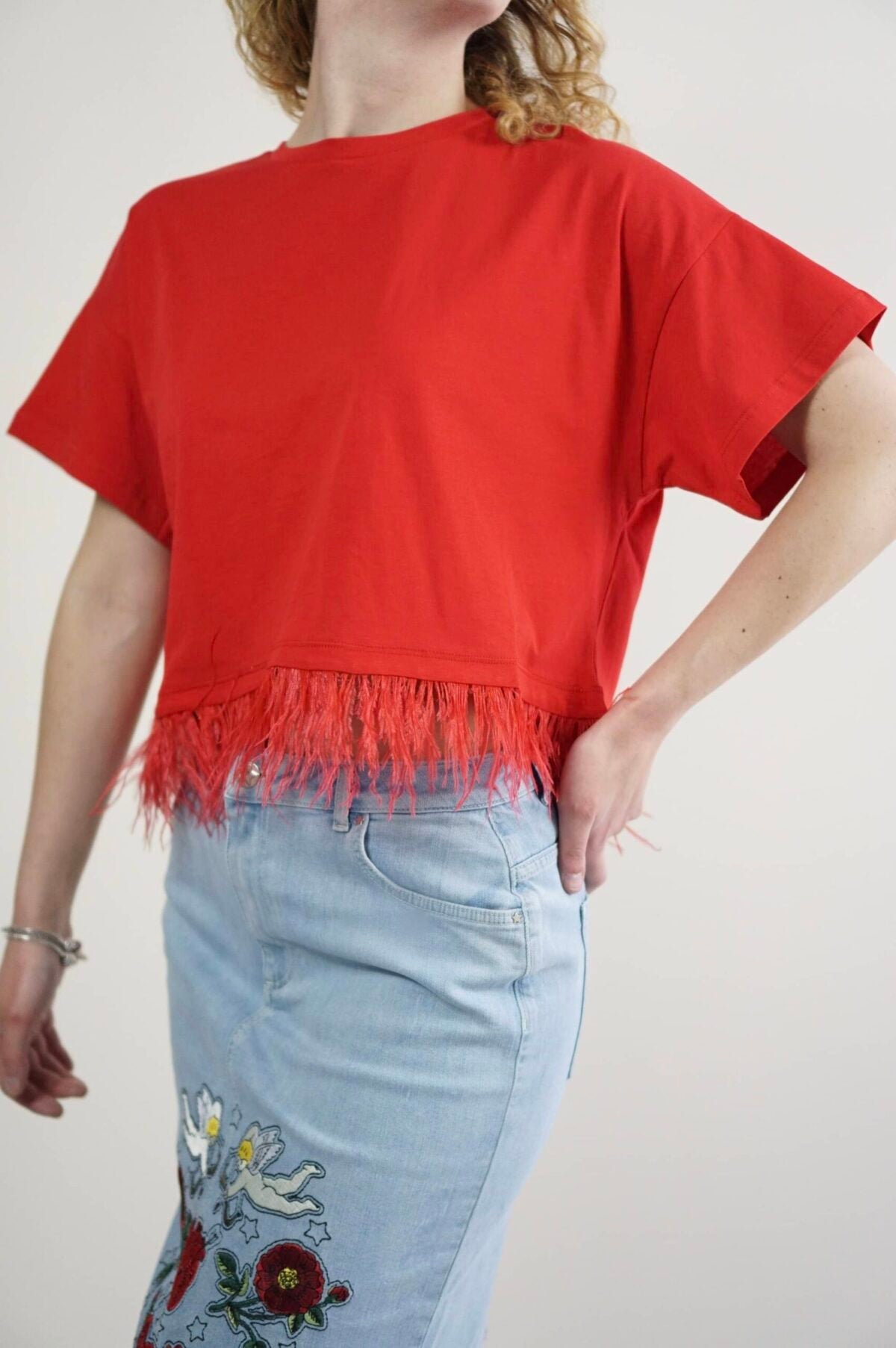 Forcynthia Feather-Trimmed Cotton-Jersey T-Shirt