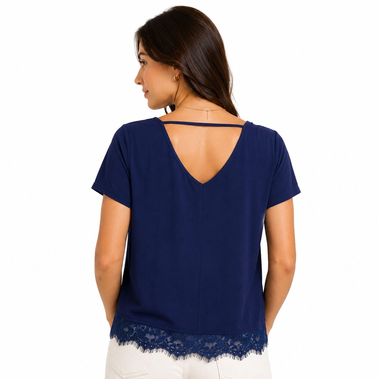 A’gaci Navy blue blouse has an elegant design with lace details on the shoulders
