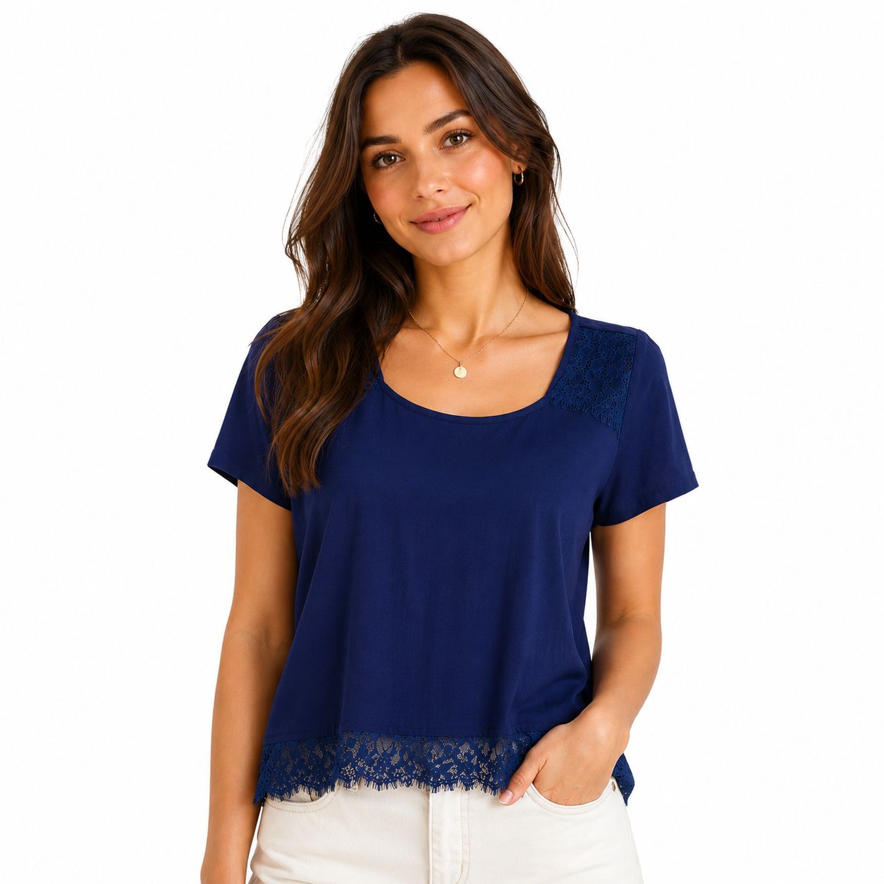A’gaci Navy blue blouse has an elegant design with lace details on the shoulders