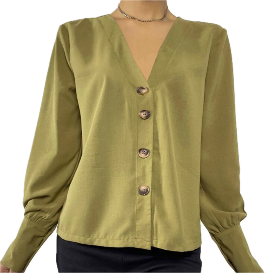 OLM Linen Button Up Blouse with Balloon Sleeves