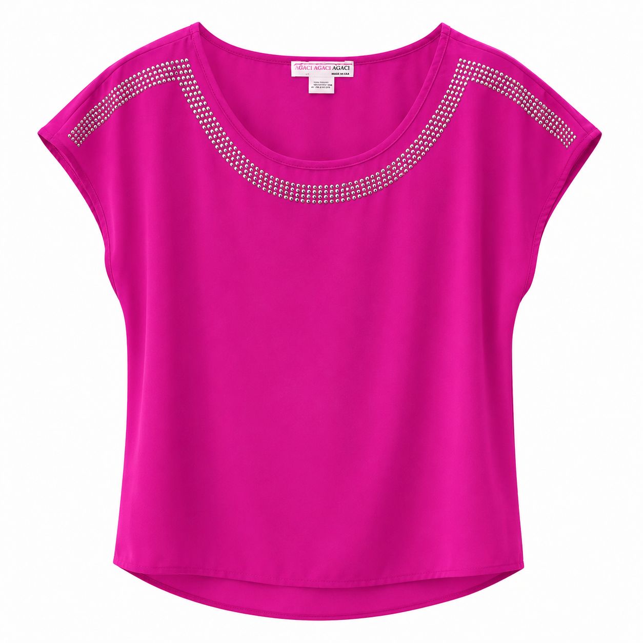 Agaci pink short-sleeved blouse with rhinestone details on the neck and shoulders