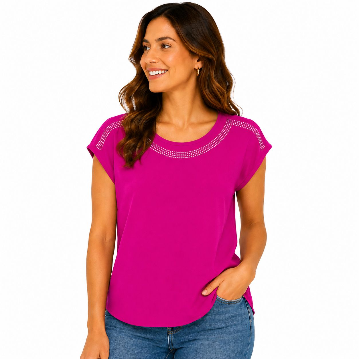 Agaci pink short-sleeved blouse with rhinestone details on the neck and shoulders
