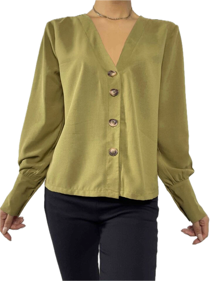 OLM Linen Button Up Blouse with Balloon Sleeves