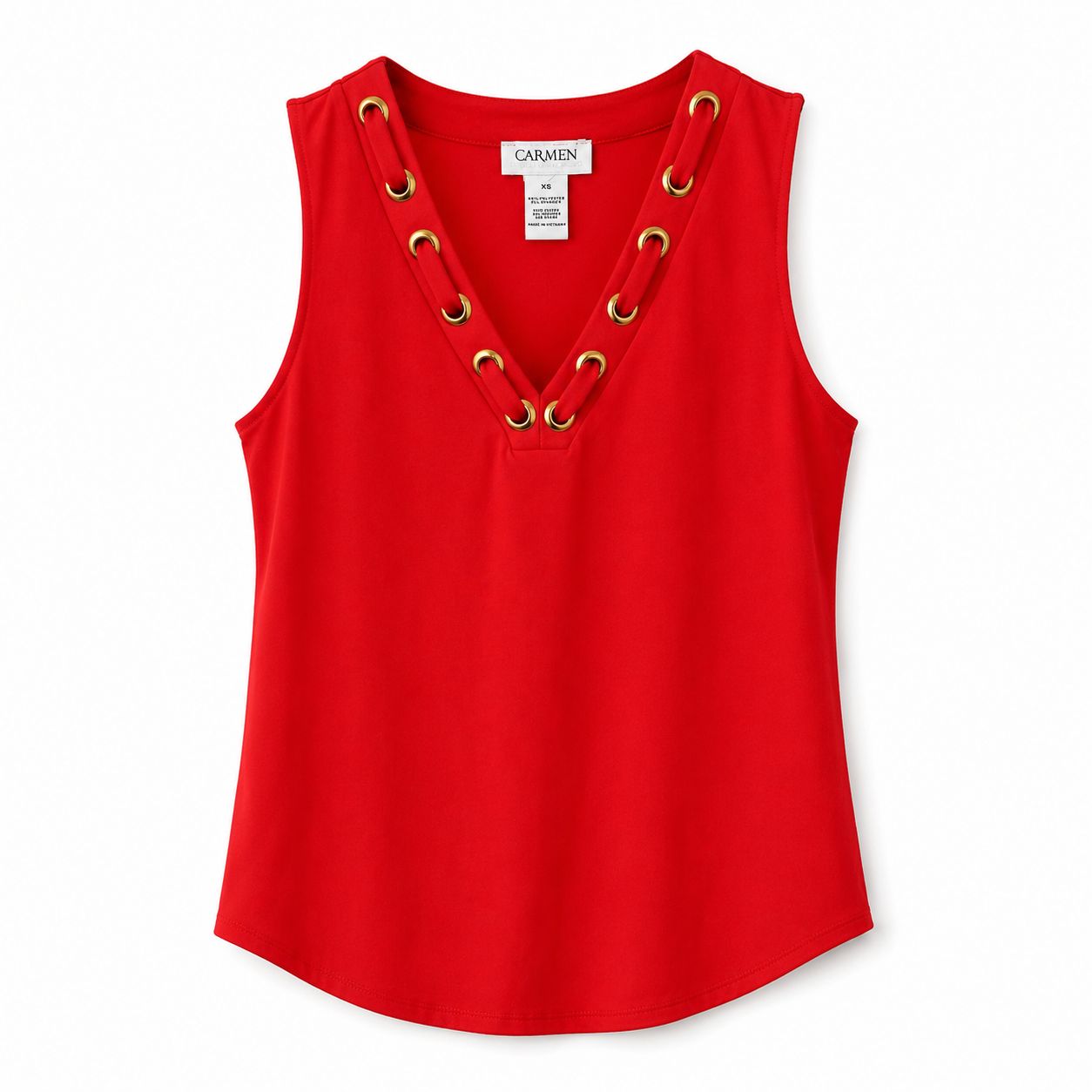 Carmen red tank top with V-neck and golden eyelet details
