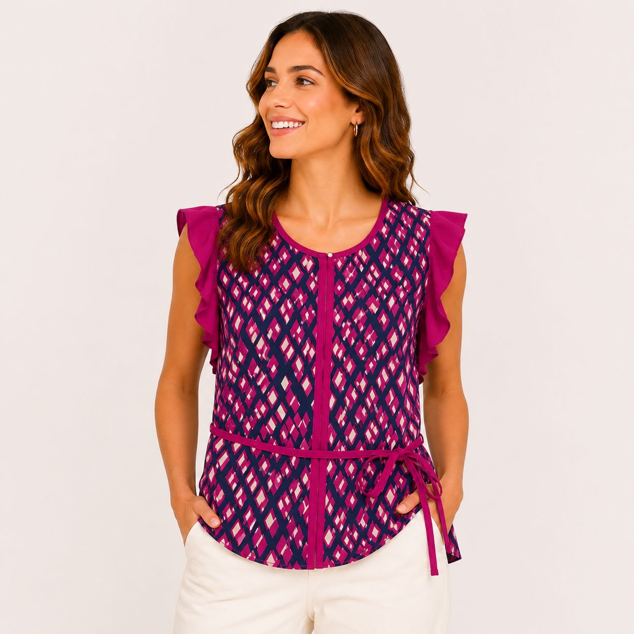 Tommy Hilfiger sleeveless blouse with geometric print in fuchsia and navy blue and bow detail at the waist