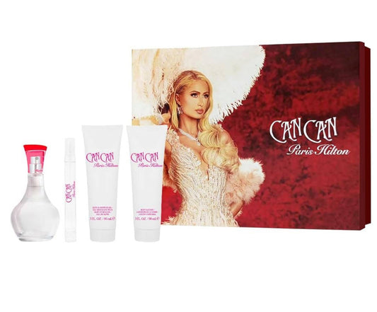 Can Can by Paris Hilton Gift Set - 3.4 oz Eau De Parfum Spray 3 oz Body Lotion 3 oz Shower Gel .34 oz Mini EDP Spray Wom