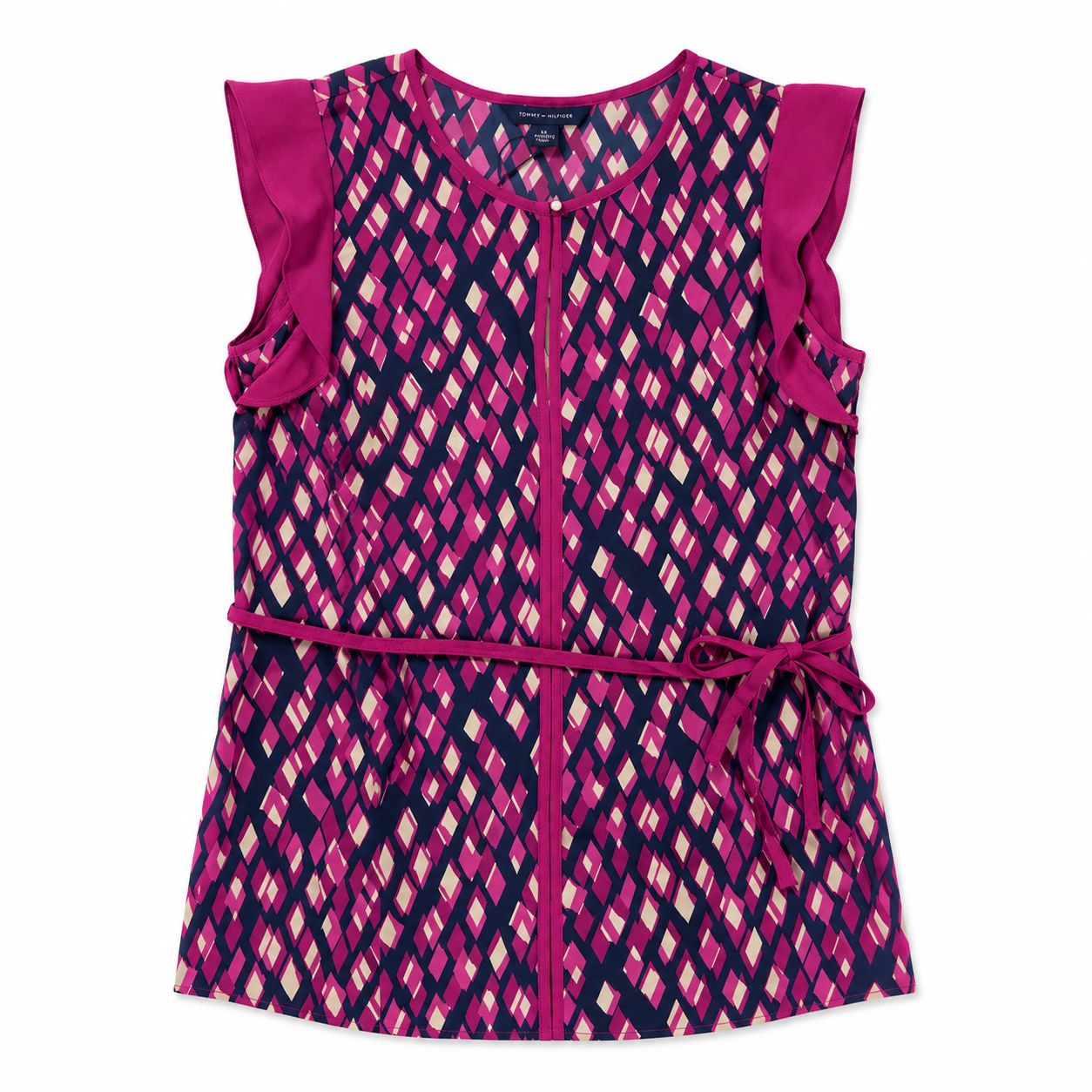 Tommy Hilfiger sleeveless blouse with geometric print in fuchsia and navy blue and bow detail at the waist