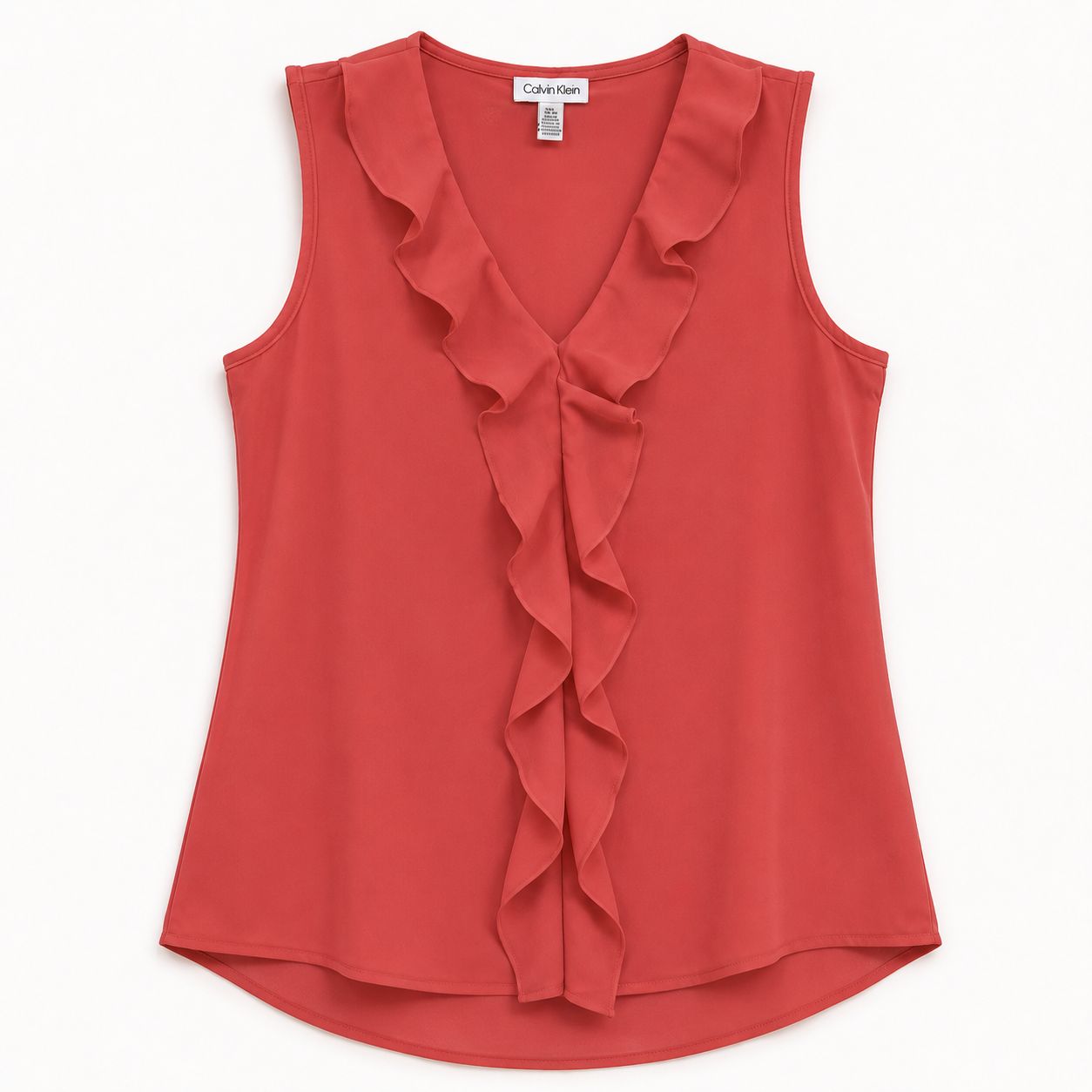 Calvin Klein blouse stands out for its sleeveless feminine design