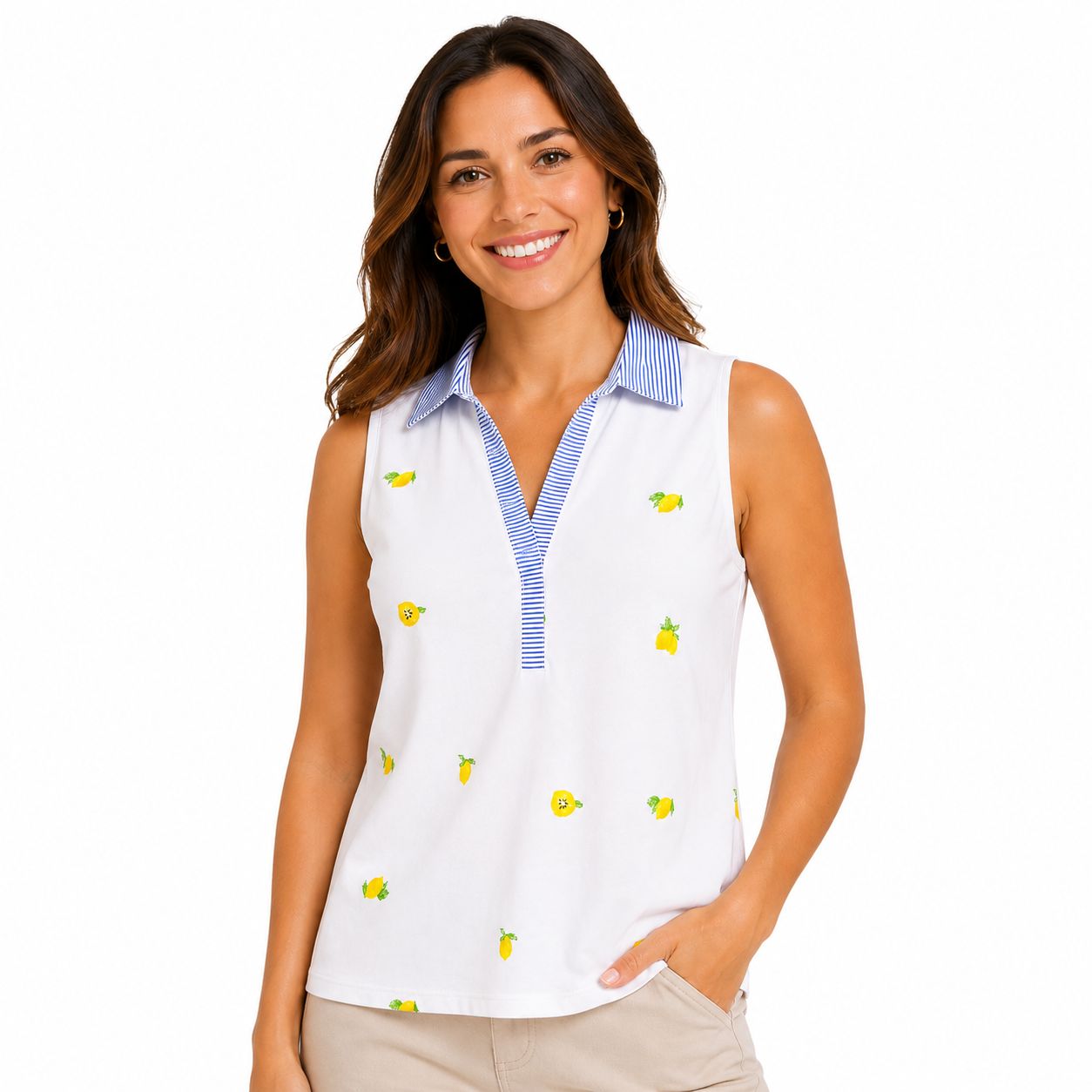 Notations ivory sleeveless blouse with lemon embroidery