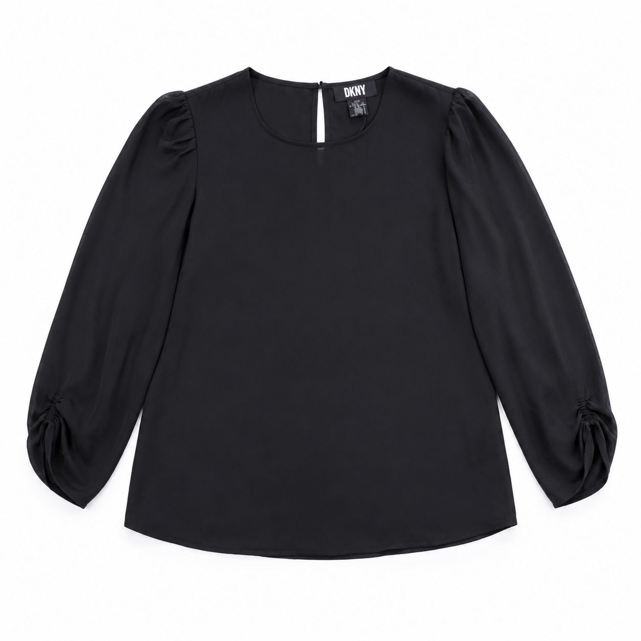 DKNY black long-sleeved blouse with round neck and gathered cuffs