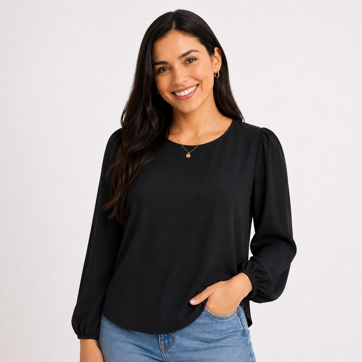 DKNY black long-sleeved blouse with round neck and gathered cuffs