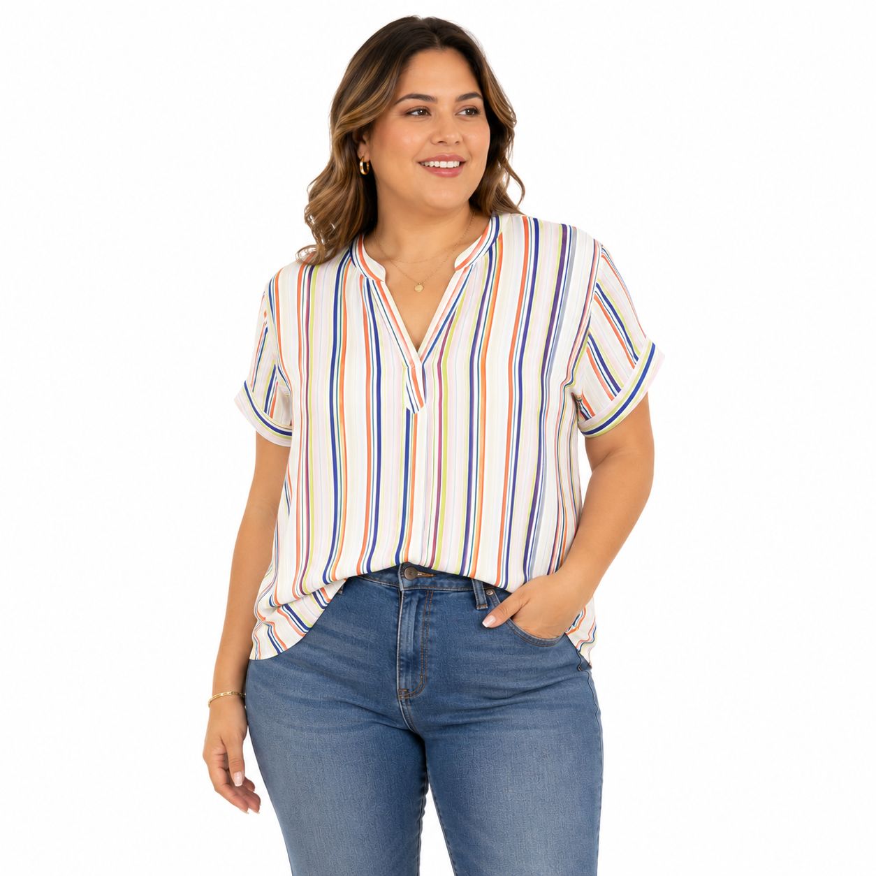 Tommy Hilfiger essential short-sleeved blouse with multicolor stripes and mandarin collar