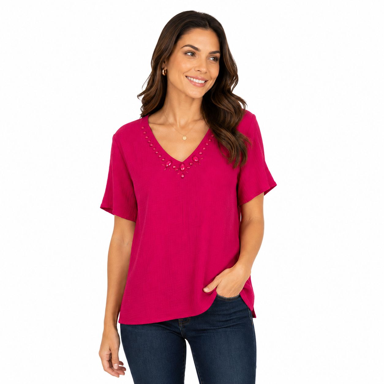 Collection Short-sleeved blouse in vibrant fuchsia pink