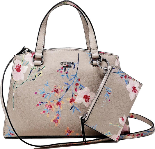 Guess Women's Patent Logo Debossed Pink Floral Print Satchel Crossbody Handbag + Pouch