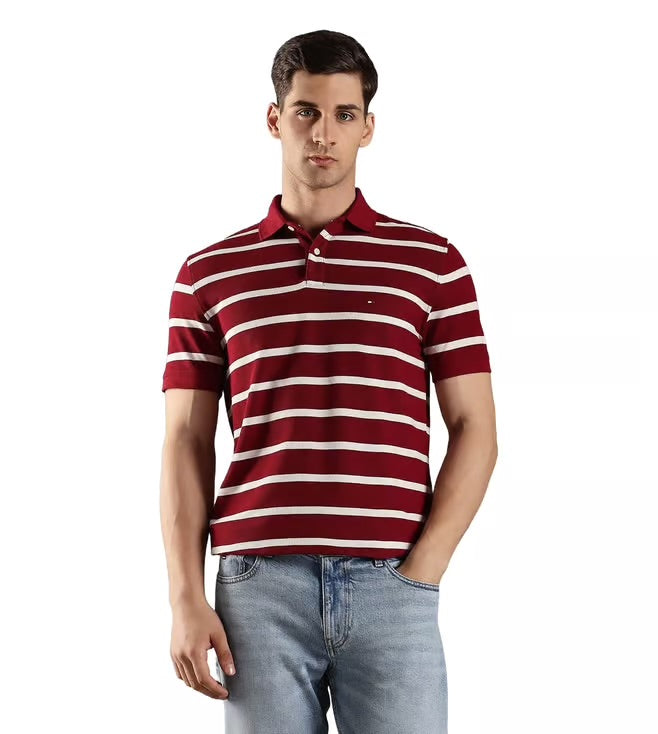Tommy Hilfiger Burgundy Cotton Regular Fit Striped Polo T-Shirt