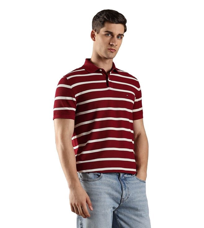 Tommy Hilfiger Burgundy Cotton Regular Fit Striped Polo T-Shirt