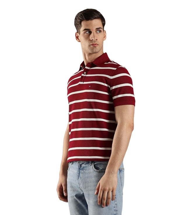 Tommy Hilfiger Burgundy Cotton Regular Fit Striped Polo T-Shirt