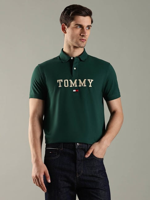 Tommy Hilfiger Tommy Hilfiger Dark Green Cotton Regular Fit Logo Printed Polo