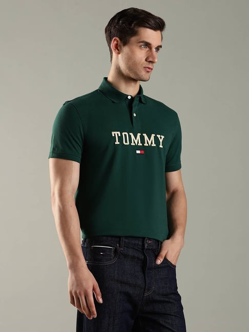 Tommy Hilfiger Tommy Hilfiger Dark Green Cotton Regular Fit Logo Printed Polo
