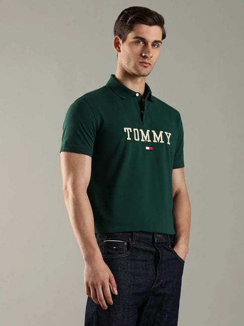 Tommy Hilfiger Tommy Hilfiger Dark Green Cotton Regular Fit Logo Printed Polo