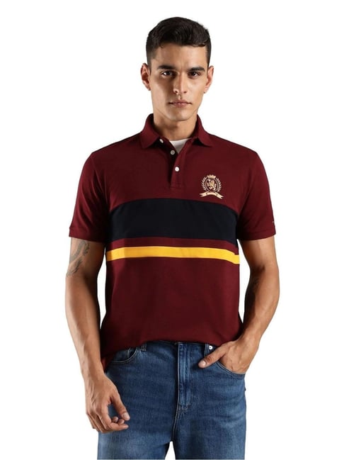 Tommy Hilfiger Red Cotton Regular Fit Striped Polo