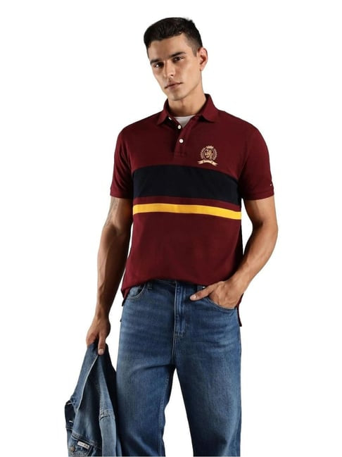 Tommy Hilfiger Red Cotton Regular Fit Striped Polo