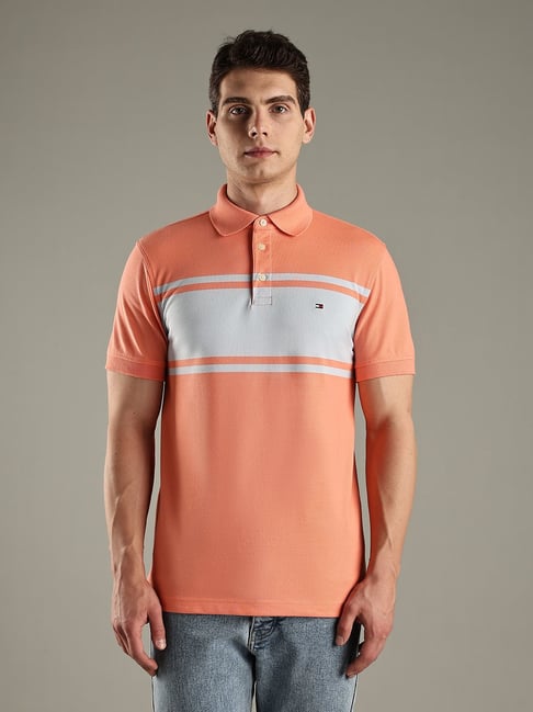 Tommy Hilfiger Peach Striped Slim Fit Cotton Polo