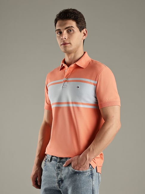 Tommy Hilfiger Peach Striped Slim Fit Cotton Polo