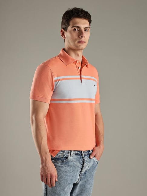 Tommy Hilfiger Peach Striped Slim Fit Cotton Polo