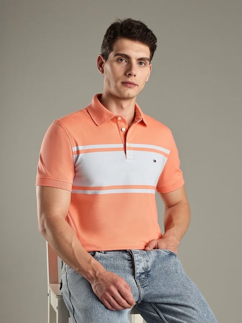 Tommy Hilfiger Peach Striped Slim Fit Cotton Polo