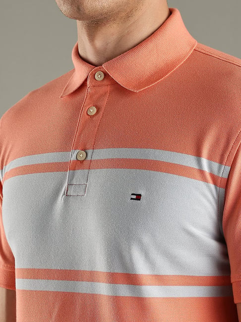 Tommy Hilfiger Peach Striped Slim Fit Cotton Polo