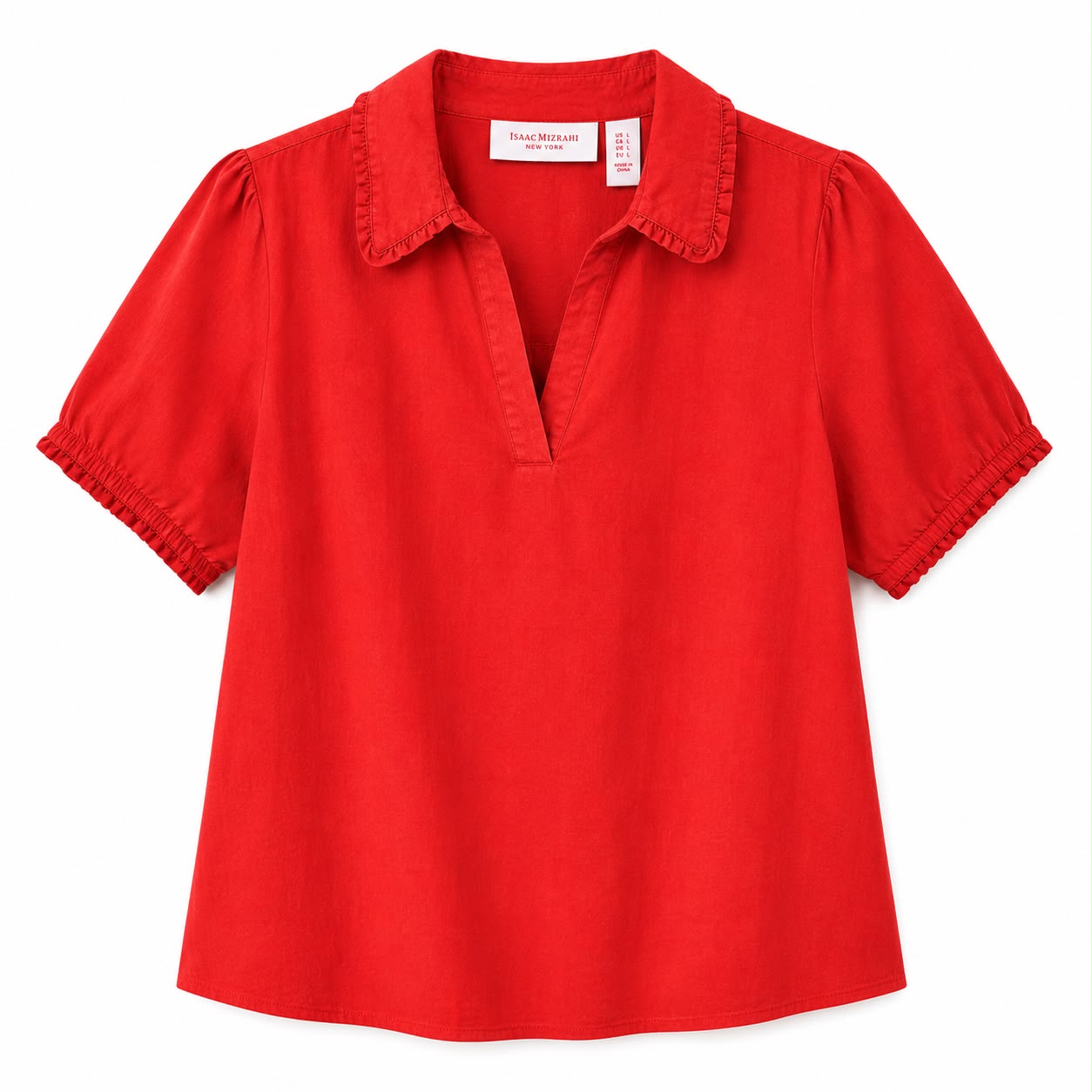 Isaac Mizrahi New York red blouse with ruffled collar and puffy sleeves