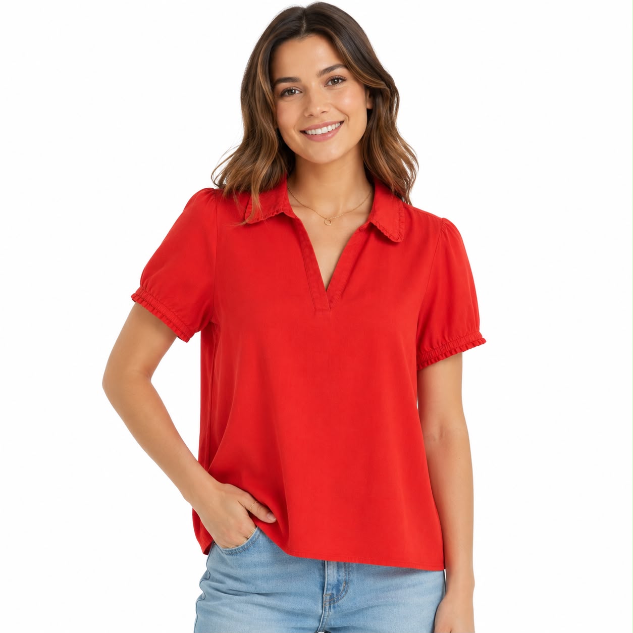 Isaac Mizrahi New York red blouse with ruffled collar and puffy sleeves