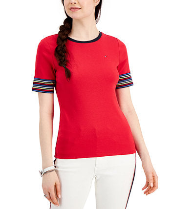 Tommy Hilfiger - Camiseta de algodón para mujer con mangas a rayas