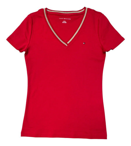 Camisa de manga corta Tommy Hilfiger-Camisas de algodón para mujer con Coello en V y detalle de logotipo