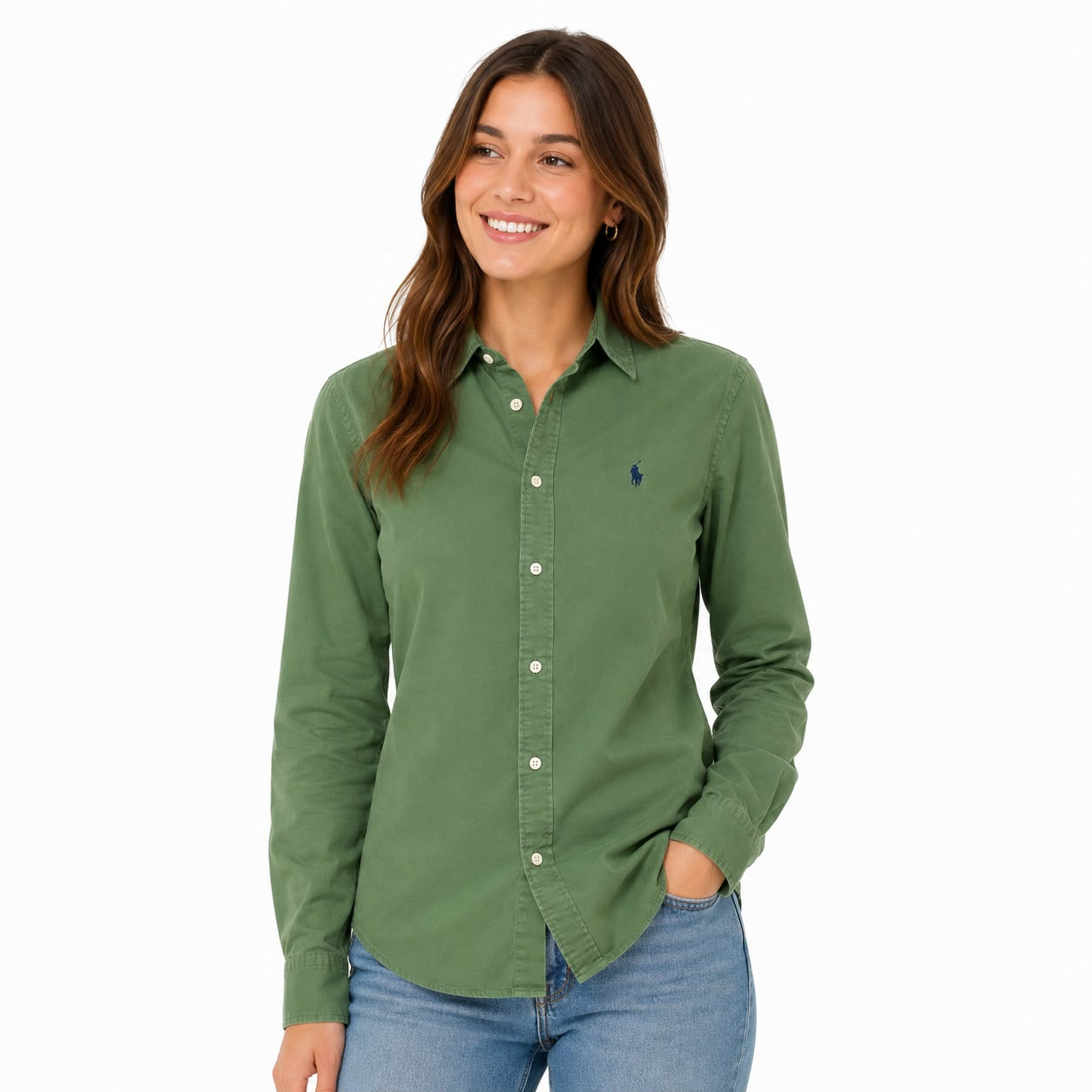 Polo Ralph Lauren Cotton Twill Shirt White Logo in green Women’s