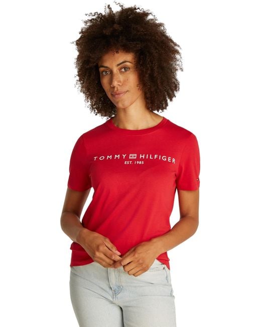Tommy Hilfiger Camiseta de manga Corta para Mujer Cuello Redondo de color rojo