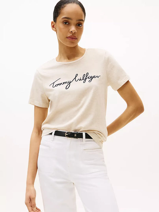 Camiseta De Cuello Redondo Con Firma Bordada