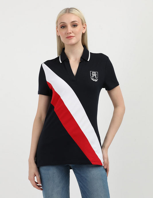 Camiseta de algodón con cuello Polo y bloques de color para mujer- Tommy Hilfiger