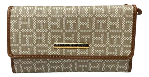 Tommy Hilfiger Bolso de embrague de cartera de chequera jacquard con logotipo beige bronceado para mujer, Beige