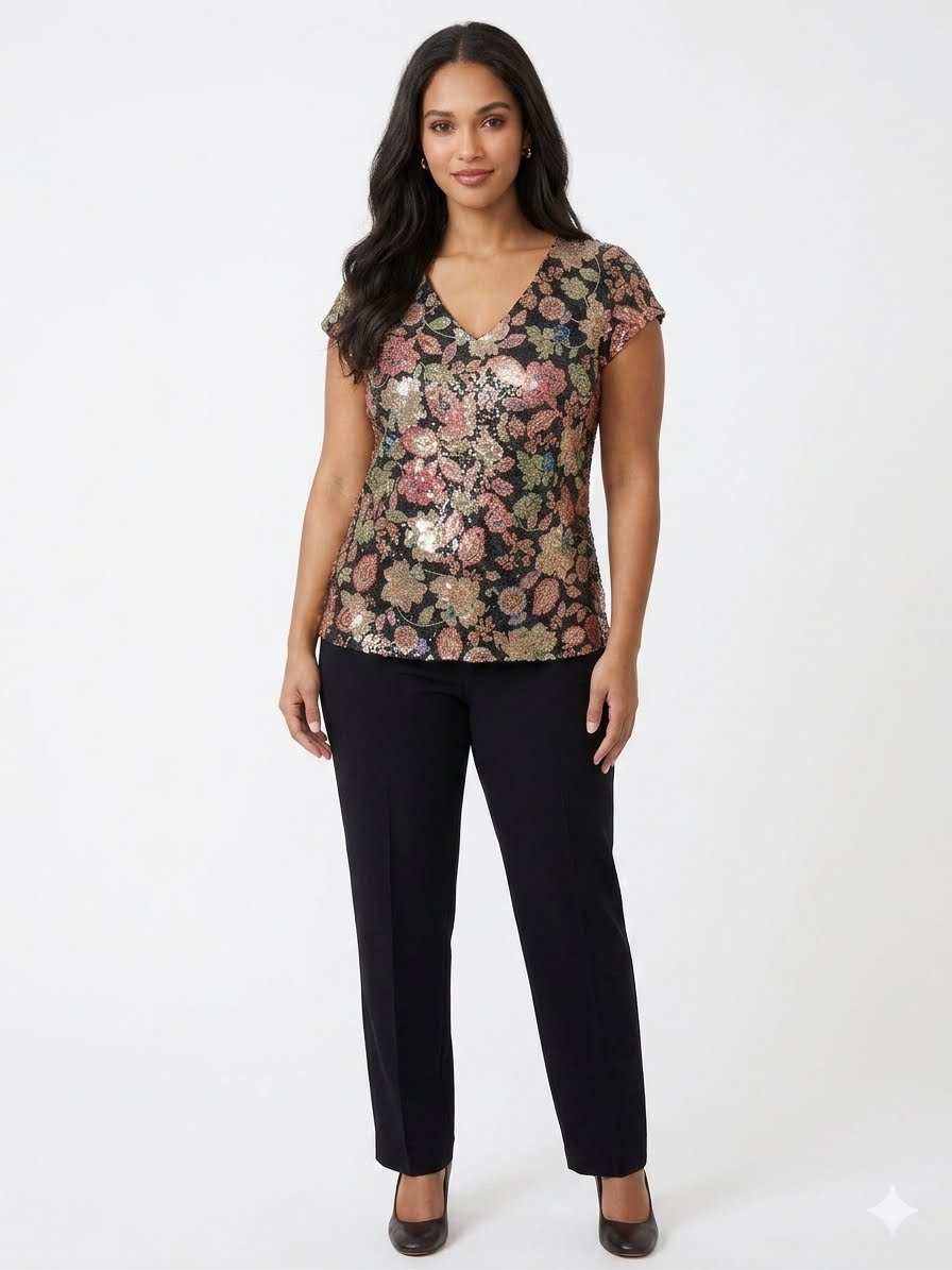 CeCe-Embroidered blouse with sequins and floral print