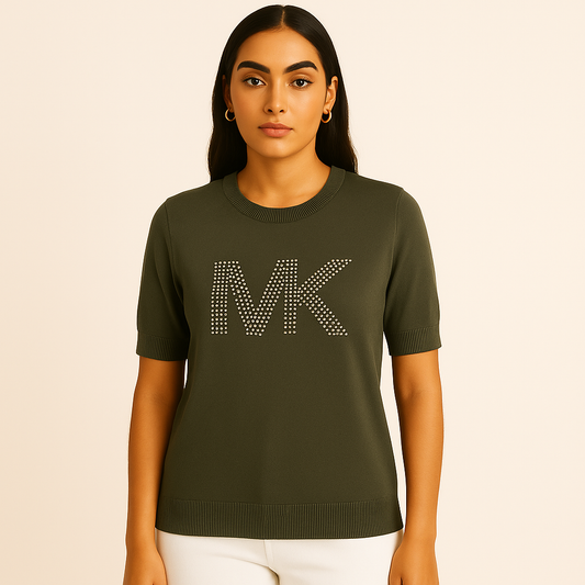 Michael Kors Women's Army Green Gold Studded Logo Top T-Shirt